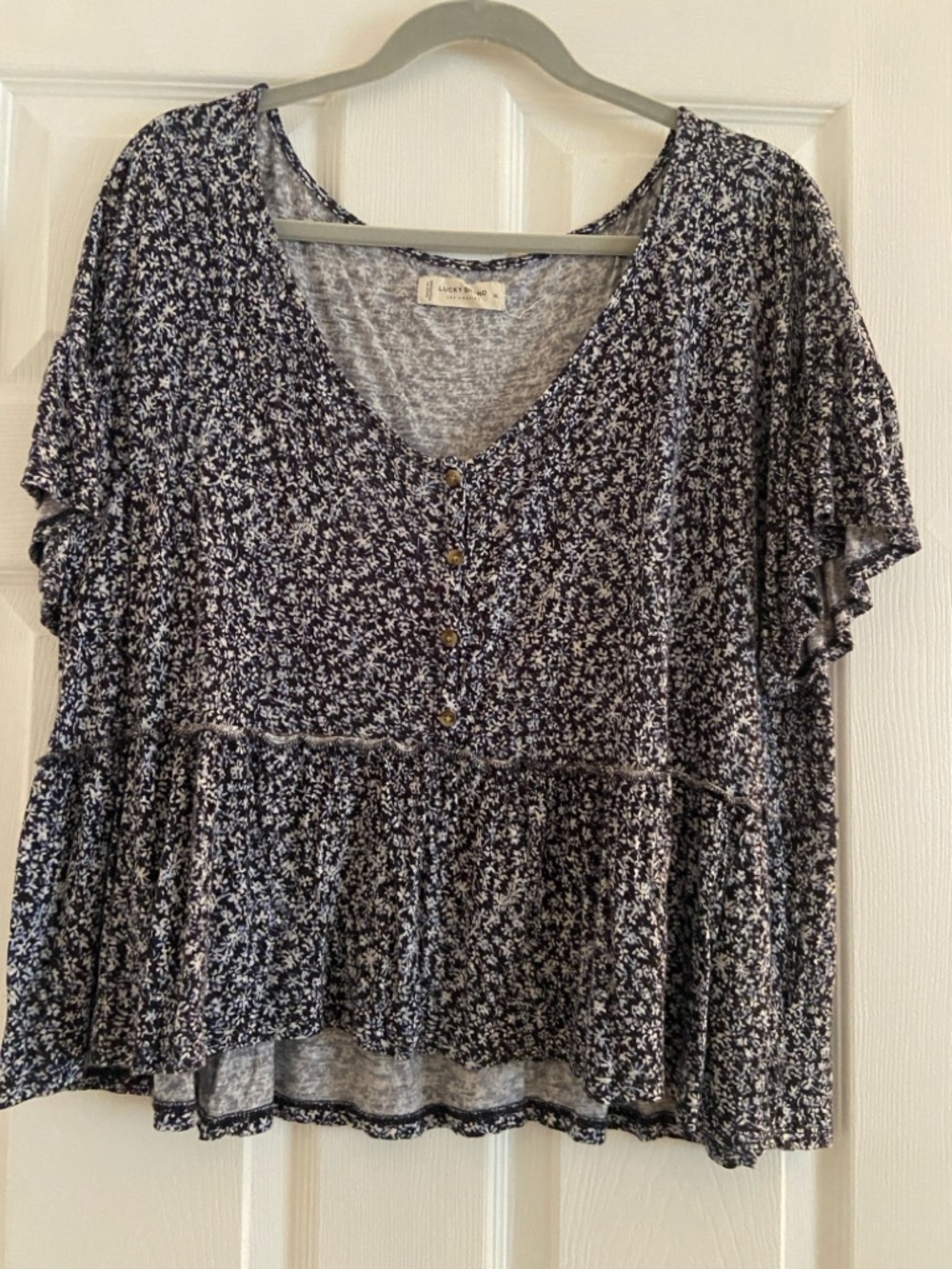 Lucky Brand Navy and White Floral Peplum Blouse
